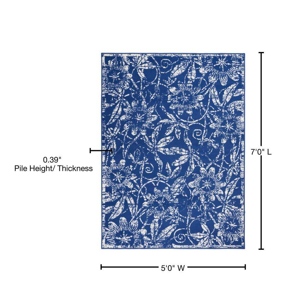 Navy Floral Charm 5' x 7' Synthetic Reversible Area Rug