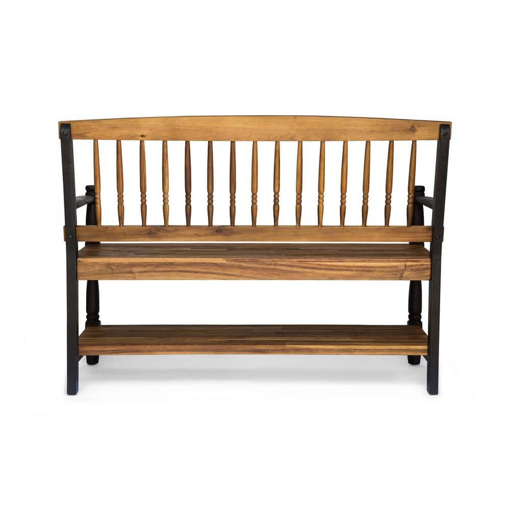 Teak and Black Acacia Wood Bench with Shelf, 51"