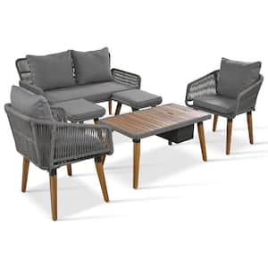 Patio Furnture Set 6-Piece Acacia Wood Outdoor Patio Conversation Set with Gray Cushions and Ice Bucket.