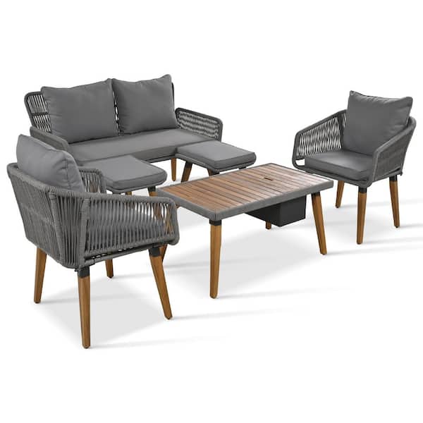 Unbranded Patio Furnture Set 6-Piece Acacia Wood Outdoor Patio Conversation Set with Gray Cushions and Ice Bucket.