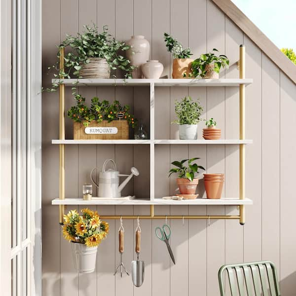 Bestier 41.54 in. W x 9.37 in. D Retro Grey Oak Light 3-Tier Ladder Composite Decorative Wall Shelf with Circular Tube and Hooks