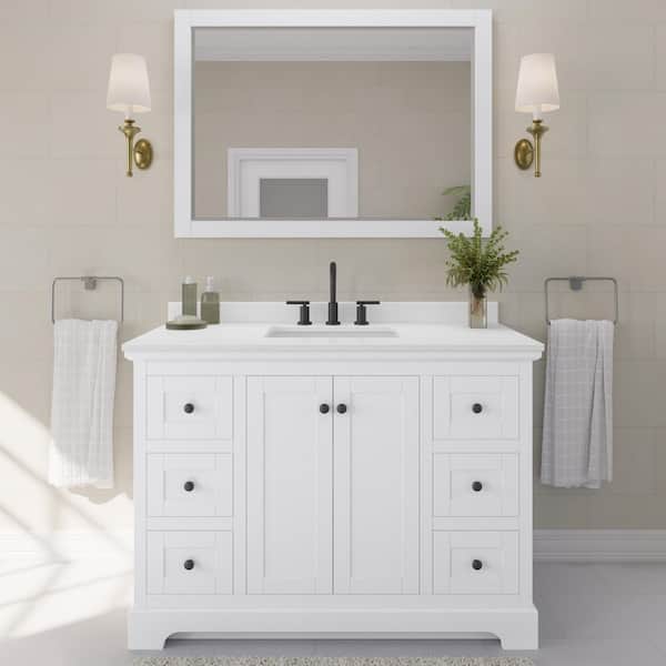 Avery 48 in. W x 22 in. D x 35 in. H Single Bath Vanity in White with White Quartz Top