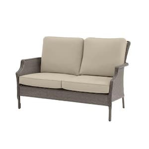 Grayson Ash Gray Wicker Outdoor Patio Loveseat with CushionGuard Putty Tan Cushions