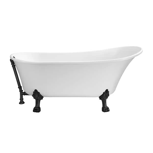 Streamline 63 in. Acrylic Clawfoot Non-Whirlpool Bathtub in Glossy White With Matte Black Clawfeet And Matte Black Drain