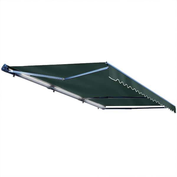 16 x 10 ft. Semi Cassette Motorized Retractable LED Luxury Patio Awning - Dark Gray Frame - Forest Green Fabric