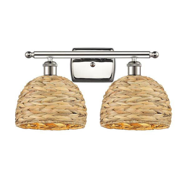 Woven Rattan 18 in. 2-Light Polished Nickel Vanity Light with Rattan Shade