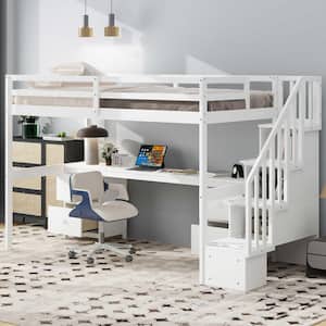 White Twin Size Wooden Loft Bed with Storage Staircase, Built-in Desk and 4 Drawers