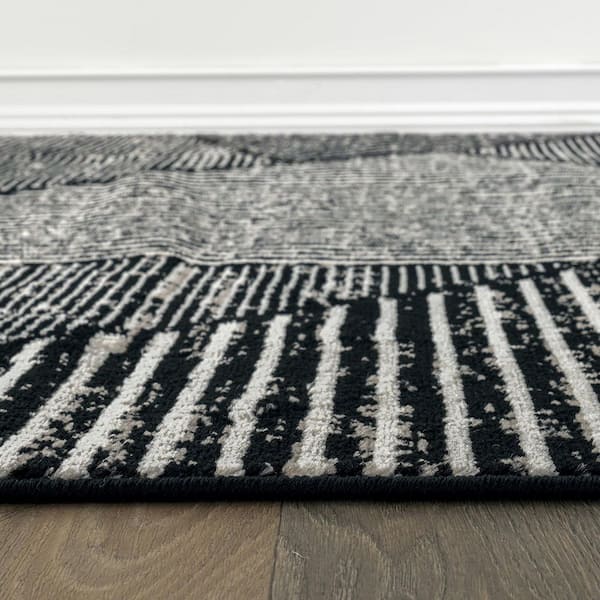 Contemporary Distressed Geometric Area Rug Black 2 ft. 3 in. x 12 ft. Runner Rug