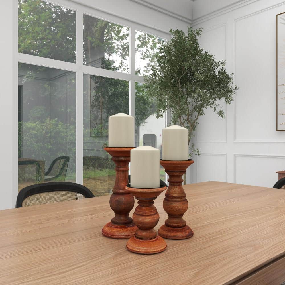 Elegant Rustic Mango Wood Pillar Candle Lantern Trio, Brown Finish