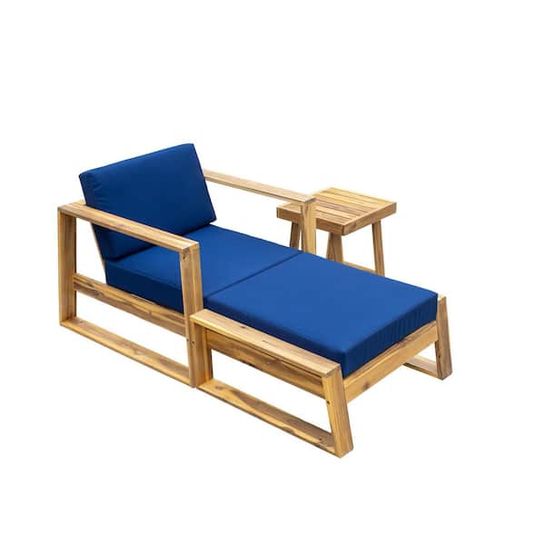 Natural Acacia Wood Outdoor Lounge Chair and Ottoman with Blue Cushions Perfect for Patios, Balconies, and Gardens