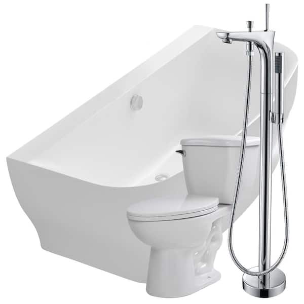 ANZZI Bank 64.9 in. Acrylic Flatbottom Non-Whirlpool Bathtub in White with Kase Faucet and Kame 1.28 GPF Toilet