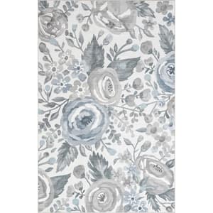 Tiffani Spill-Proof Machine Washable Light Grey Doormat 2 ft. x 3 ft.  Floral Area Rug