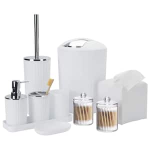 10-Pieces Bathroom Set with Toothbrush Holder, Cup, Soap Dispenser, Tissue Box, Q-Tip Box, Toilet Brush Holder, in White
