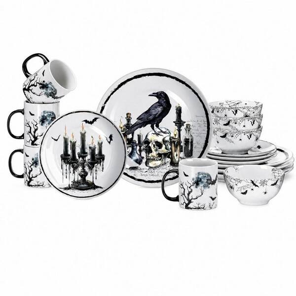 16-Piece Black Halloween Gothic Ceramic Dinnerware Service for 4, Spooky Kitchen Decoration, Dessert Plate Bowl Mug