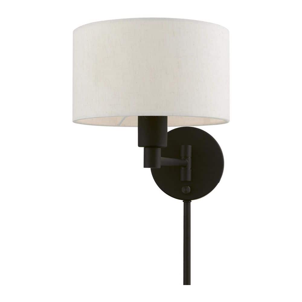 Transitional Black Swing Arm Wall Lamp with Oatmeal Fabric Shade