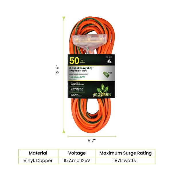 GoGreen Power 50 ft. 3-Outlet 14/3 Heavy Duty Extension Cord