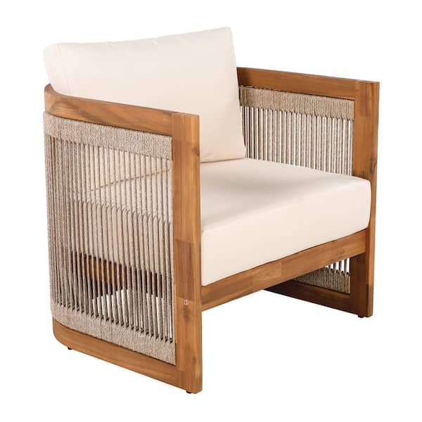 Unbranded Teak Wood Curved Outdoor Lounge Chair, Club Chair with Beige Cushion, Woven Rope