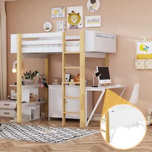 White Wood Frame Twin Size Loft Bed with Built-in Shelves, Storage Cabinet, Foldable Desk