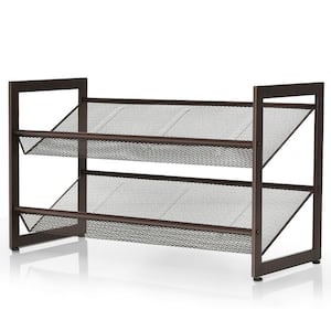 Brown Metal Shoe Rack Storage Cabinet 2-Tiers Flat and Slant Metal Shelves
