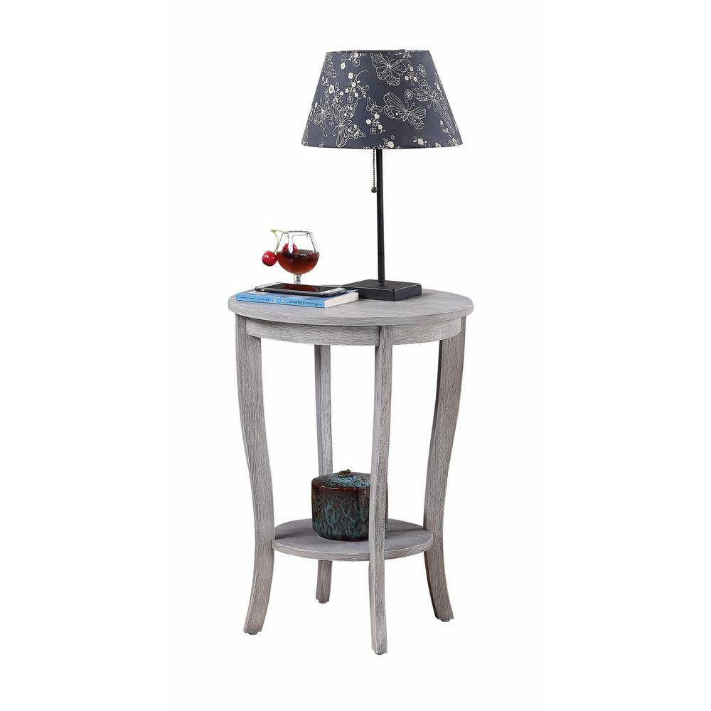 Light Gray Round Wood End Table with Shelf