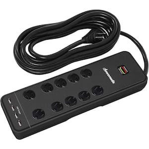 15 ft. 10-Outlet Surge Protector Power Strip with 4-USB Ports, 2480 J, Black