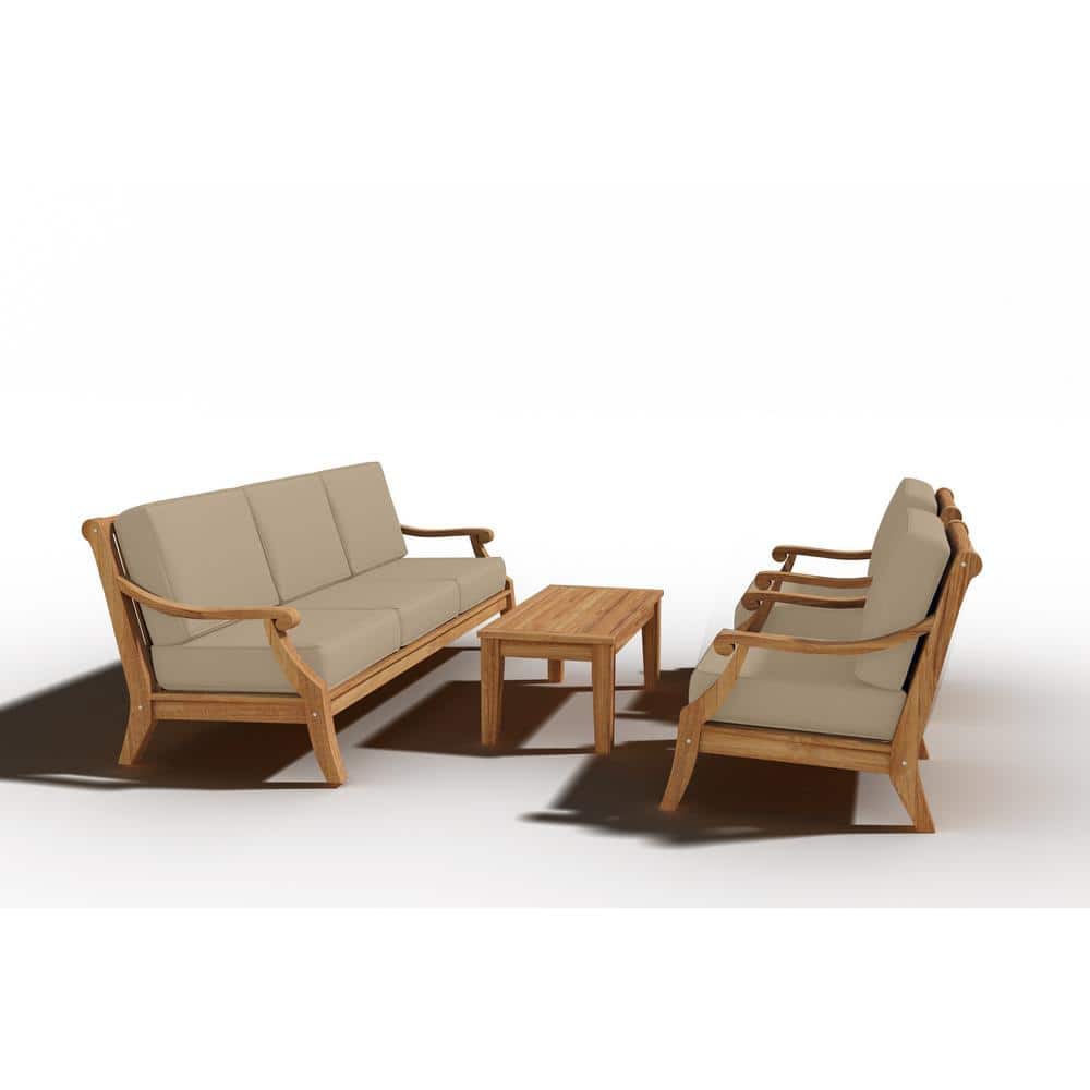 Adrien 4-Piece Teak Patio Conversation Deep Seating Set with Sunbrella Fawn
