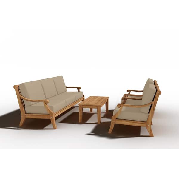 Unbranded Adrien 4-Piece Teak Patio Conversation Deep Seating Set with Sunbrella Fawn Cushions