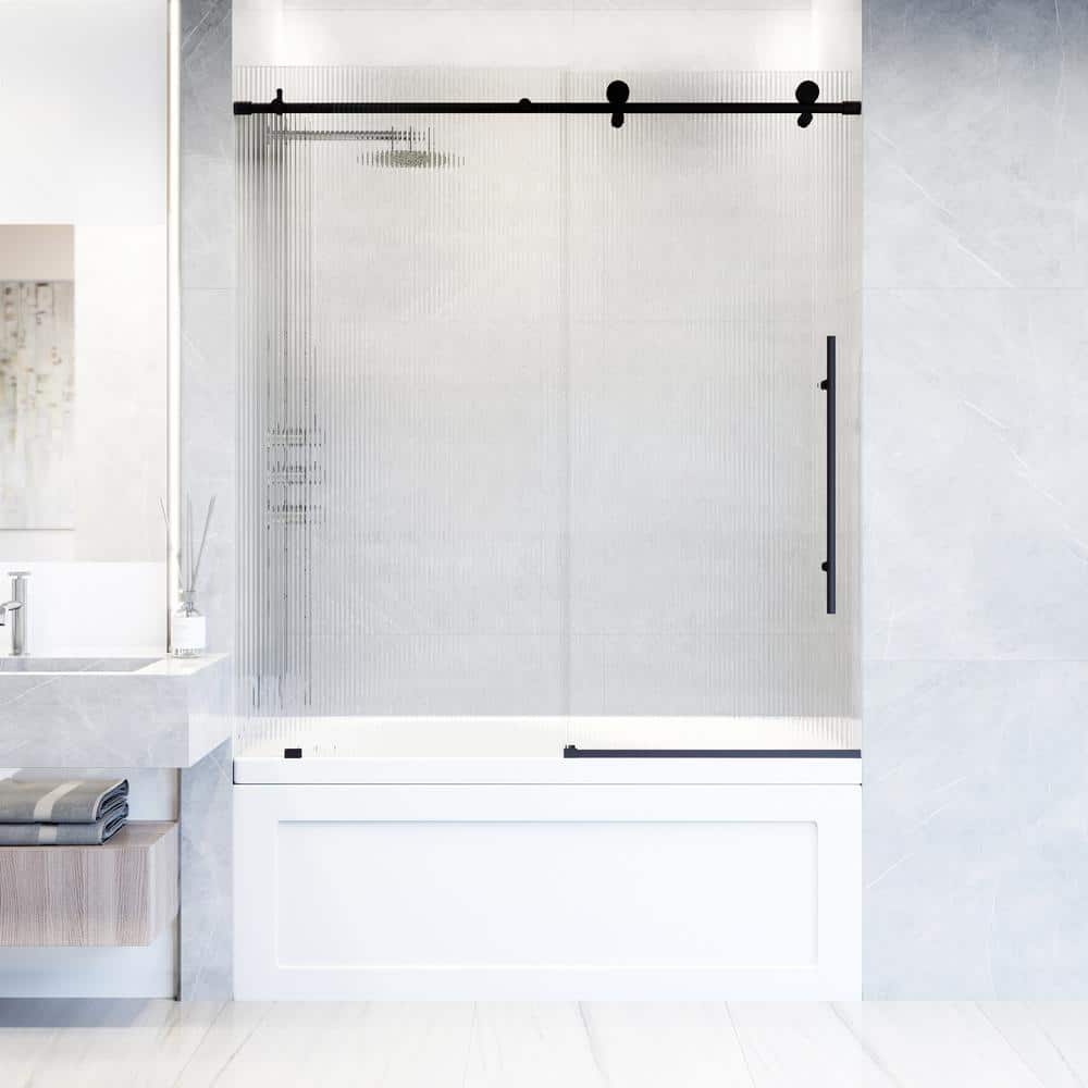 Elan E-Class 60" Matte Black Frameless Sliding Tub Door with Fluted Glass
