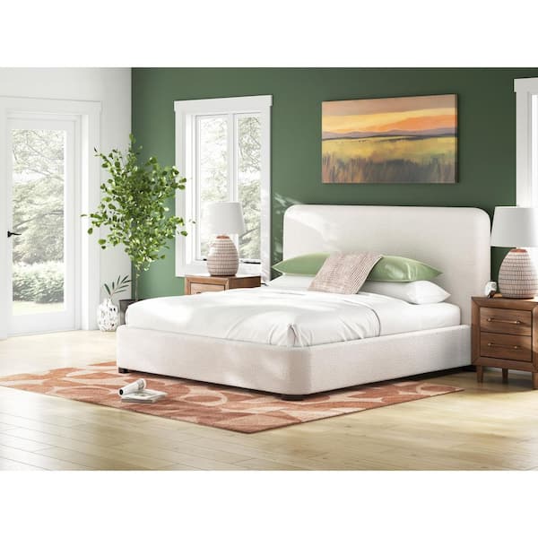 Brandinlane Beige Wood Frame King Panel Bed with Upholstered Design