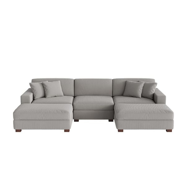 118 in. W Modern Square Arm 5-Piece Corduroy Fabric U-Shaped Sectional Sofa in Light Gray