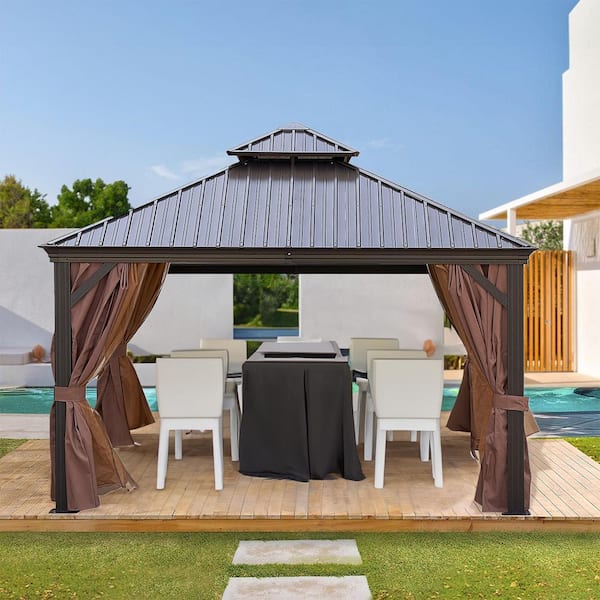 Endark 12 ft. x 12 ft. Brown Metal Hardtop Gazebo with Double Roof Pergola, Netting and Curtain