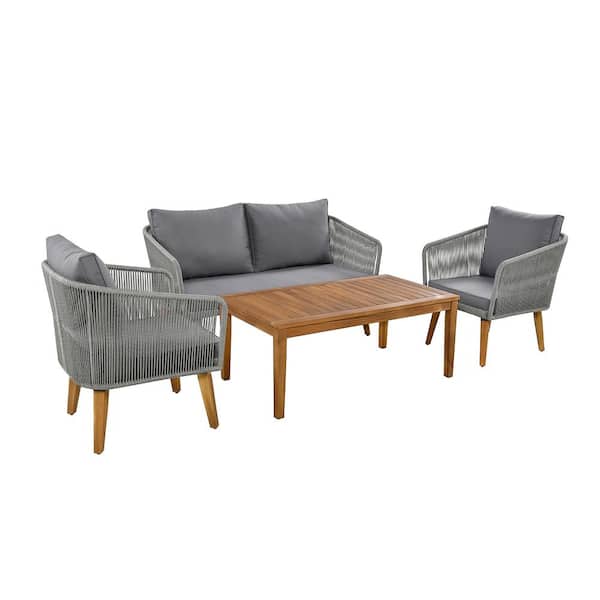 Sudzendf 4-Piece Gray Wicker Patio Conversation Set with Dark Gray Cushions and Wooden Table
