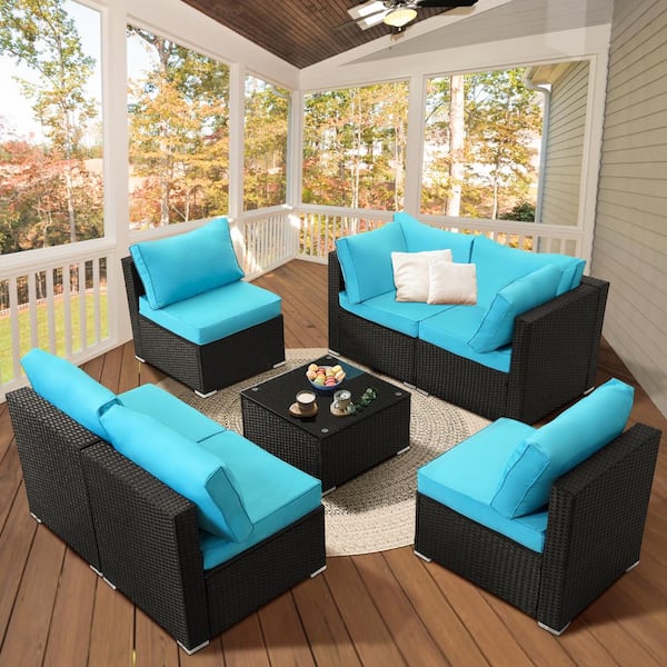 JUSKYS GUKOO Black 7-Piece Wicker Metal Frame Sofa Seating Group with Blue Cushion