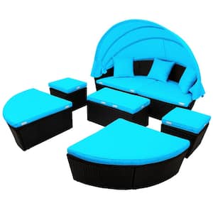 Black Wicker Round Outdoor Sectional Sofa Set with Blue Cushions