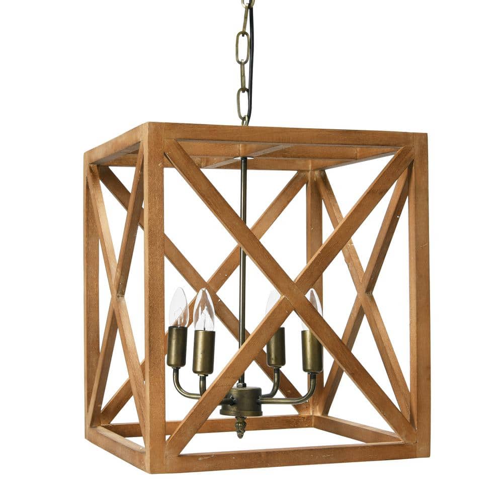 Natural Brown Wood and Metal Cage Chandelier, 4-Bulb