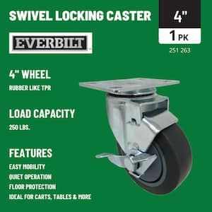 4 in. Gray Rubber Like TPR and Steel Swivel Plate Caster with Locking Brake and 250 lb. Load Rating