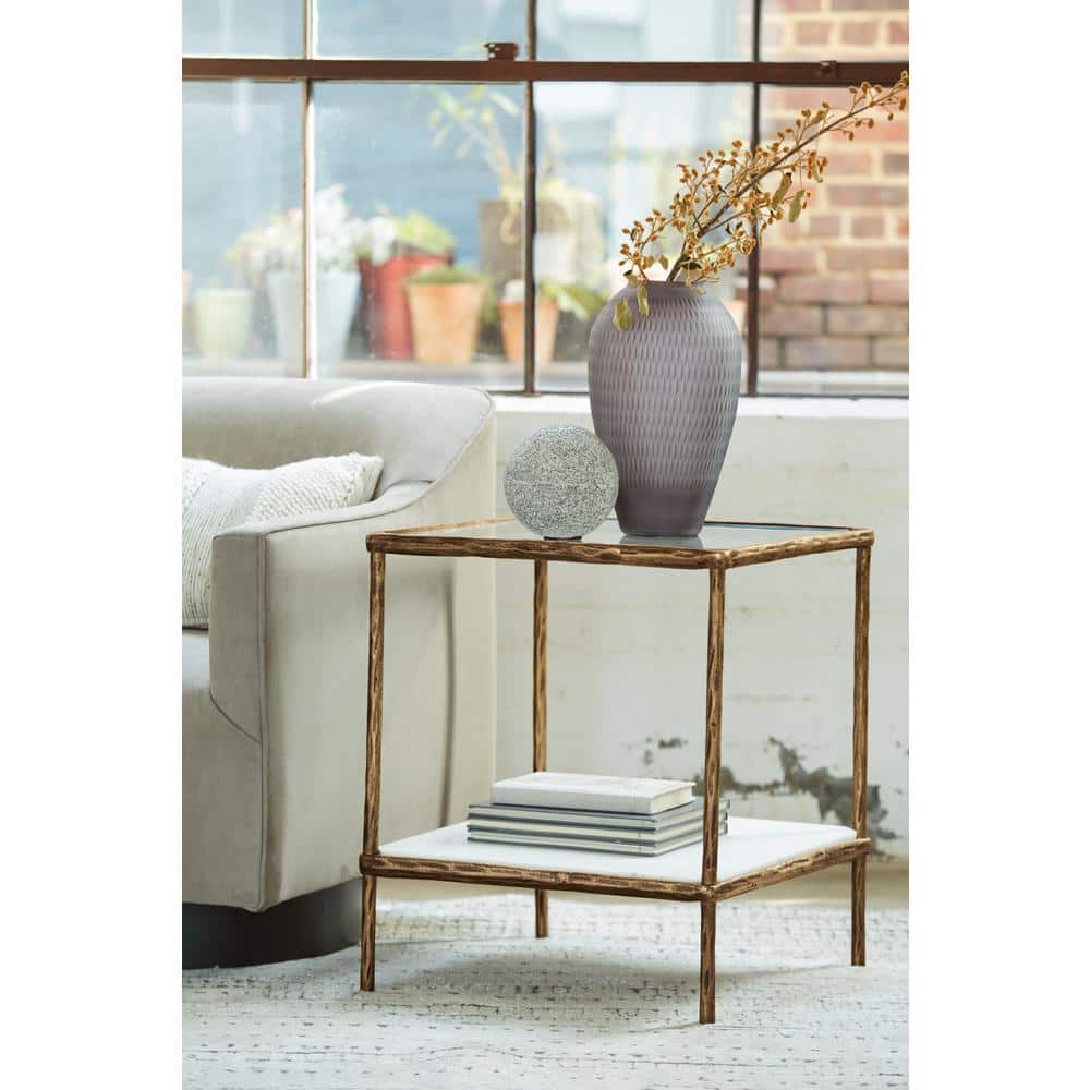 Ryandale 21" Square Antique Brass Accent Table with Glass Top