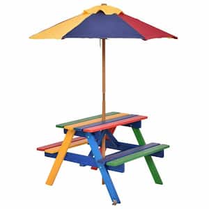 Outdoor Kids Rainbow Picnic Table Bench Set with Removable Umbrella for Garden, Backyard or Playground 4-Seat
