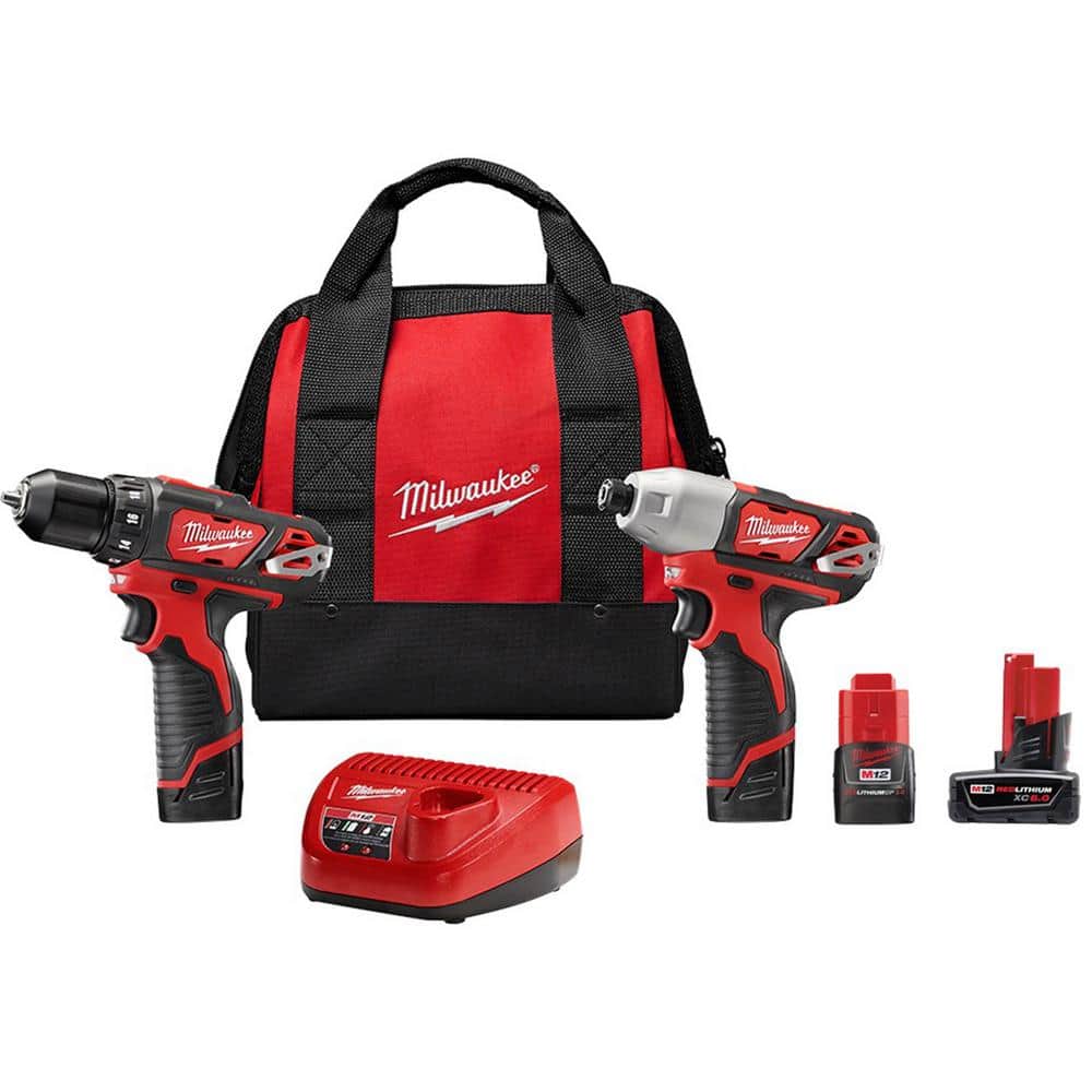 Milwaukee M12 12-Volt Lithium-Ion Cordless Drill Driver/Impact Driver Combo Kit with One 6.0 Ah and One 3.0 Ah Battery Packs -  2494-22-48-11