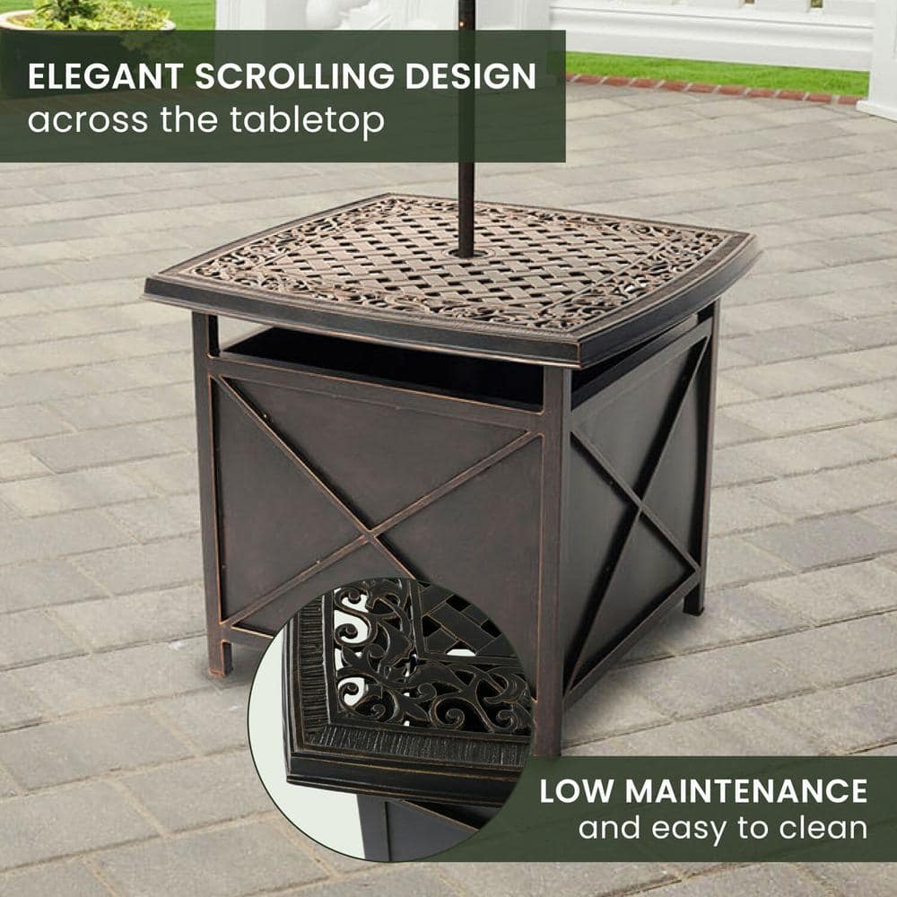 Bronze Cast Aluminum Square Patio Table with Umbrella Holder