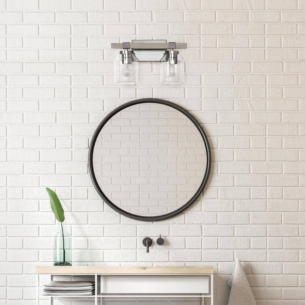 Gray and Nickel Rustic 2-Light Vanity Fixture with Clear Glass Shades