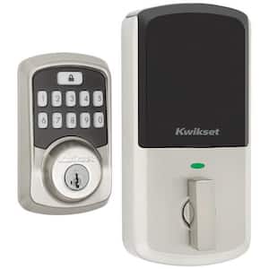 Aura Satin Nickel Single Cylinder Electronic Bluetooth Keypad Smart Lock Deadbolt featuring SmartKey Security