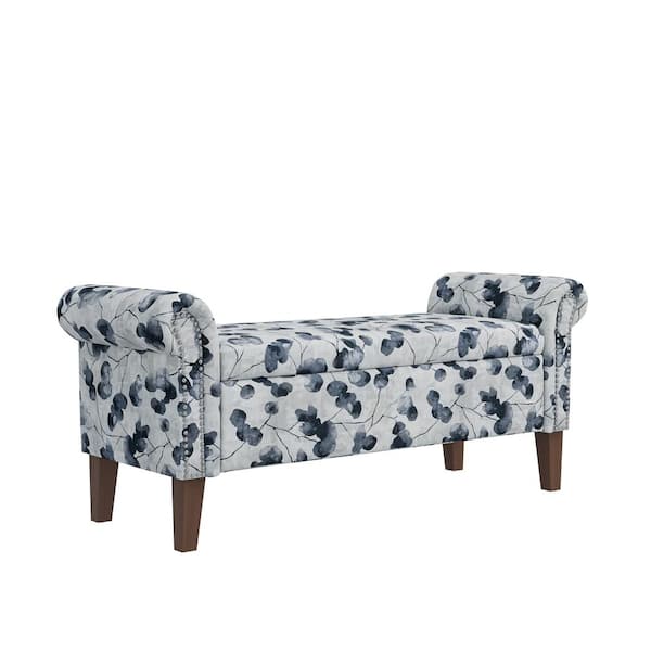 Handy Living Wallen Black Floral Bonsai Fabric Traditional Rolled Arm Rectangular Storage Bench 56.5 in. Ottoman with Nailheads