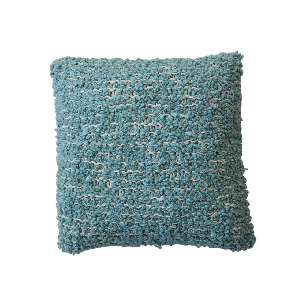 Blue and Cream Woven Cotton Blend Bouclé Pillow, 20" Square
