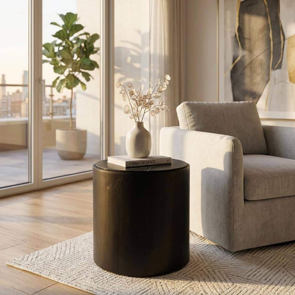 Black 18 in. Round Marble Top Accent Table with Wood Base