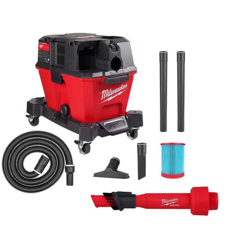 Milwaukee M18 FUEL 6 Gal. Cordless Wet/Dry Shop Vac w/Filter, Hose and AIR-TIP 1-1/4 in. - 2-1/2 in. (1-Piece) 2-IN-1 Util. Brush, Reds / Pinks