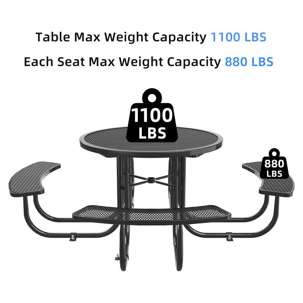 Black Round Steel Outdoor Picnic Table with Attached Benches