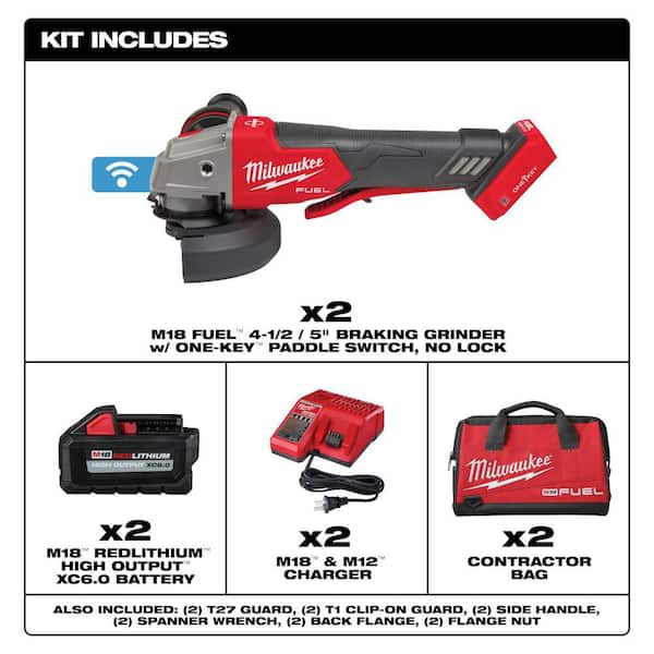 M18 FUEL 18V Lith-Ion Brushless Cordless 4-1/2 in. /5 in. Grinder Kit w/Paddle Switch & (2)6.0 Batteries & M18 Grinder