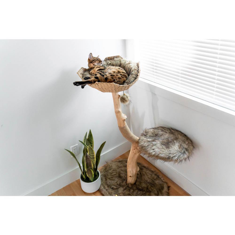 Modern Brown Faux Fur and Wicker Cat Tree Tower