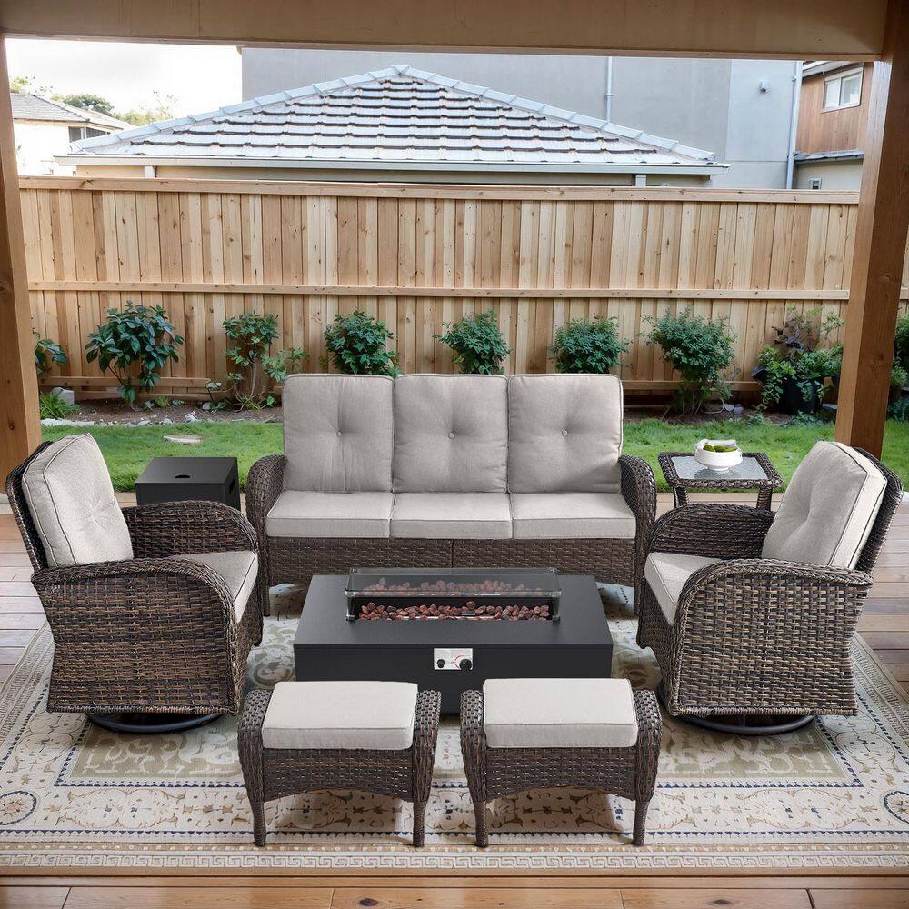 Brown 7-Piece Wicker Patio Fire Pit Set, Outdoor Sofa Seating Set with Olefin Beige Cushions and Swivel Gliders price history on PriceWatchPro